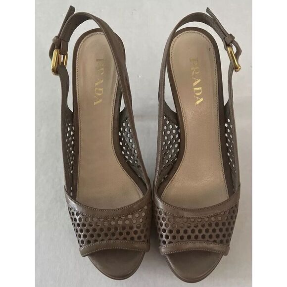 PRADA Sz 36.5 EU 6-6.5 US Perforated Peep Toe Platform Slingback Sandals Neutral - Picture 1 of 11